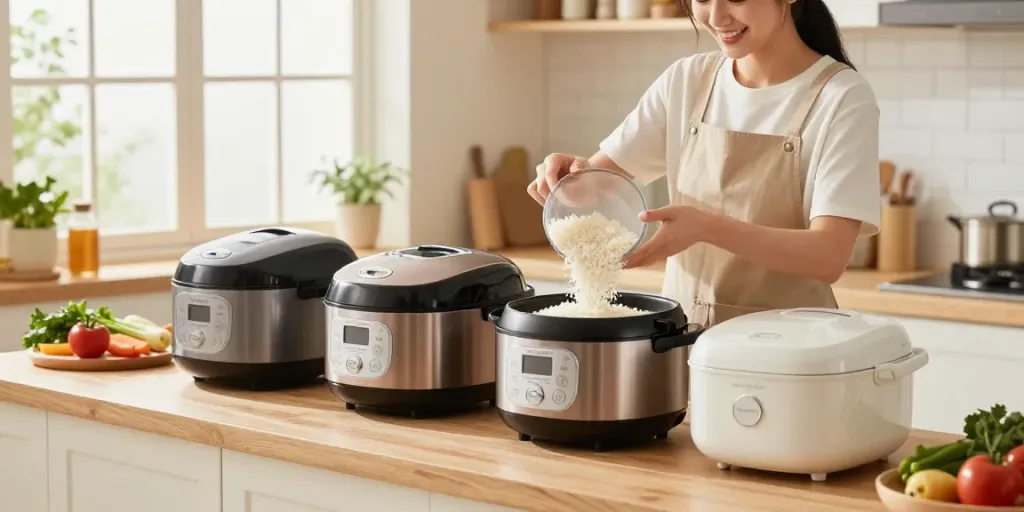 Rice cookers showcased in a cozy kitchen setting, highlighting various models and fresh ingredients.