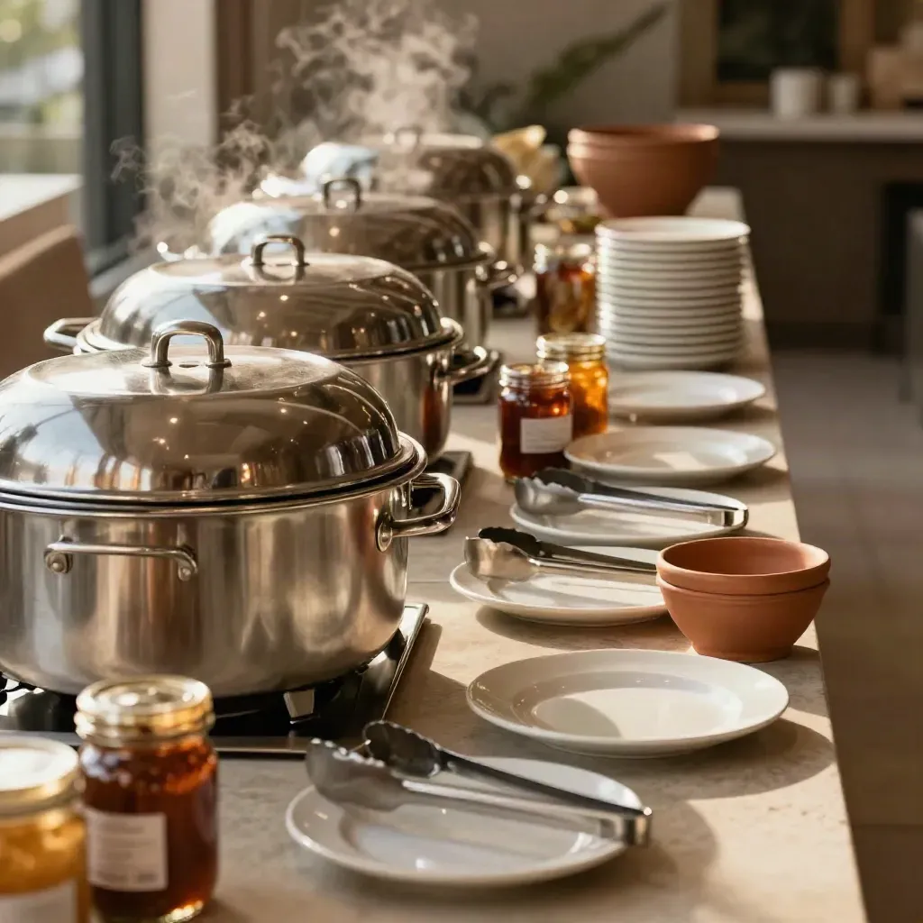 Buffet catering ordinato con vapor lieve, vassoi, campane e utensili su banco in pietra chiara.