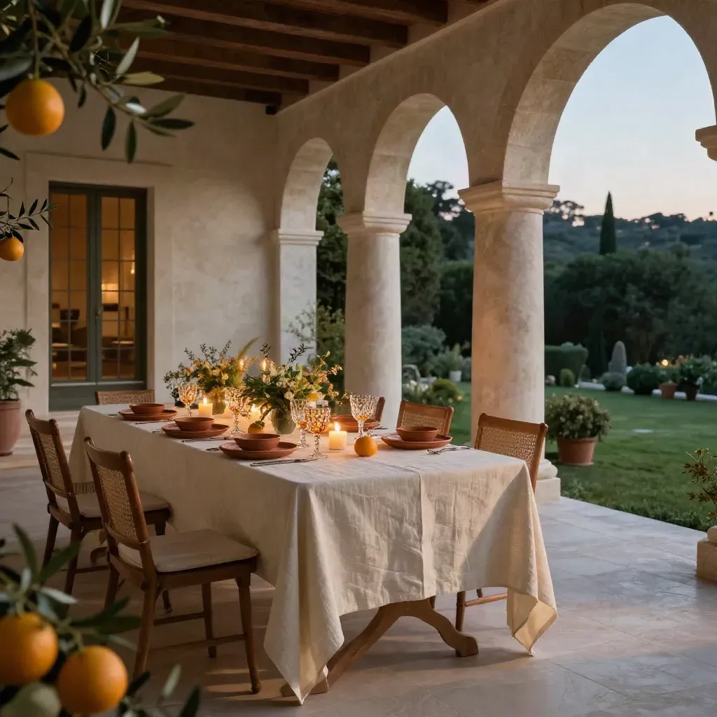 Veranda di villa per cena privata italiana, tavola lunga, candele e agrumi al tramonto.