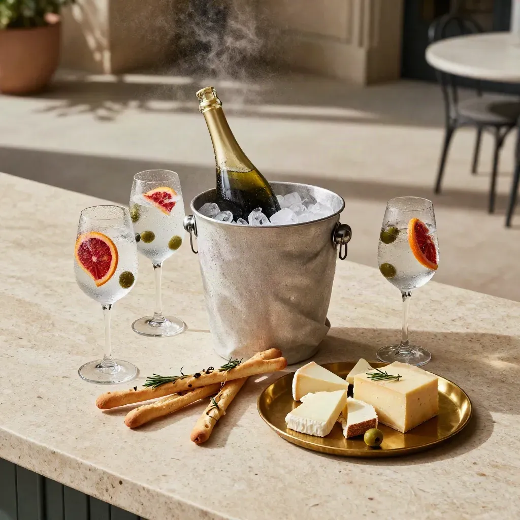 Tagliere aperitivo con spritz, ghiaccio e agrumi su travertino.