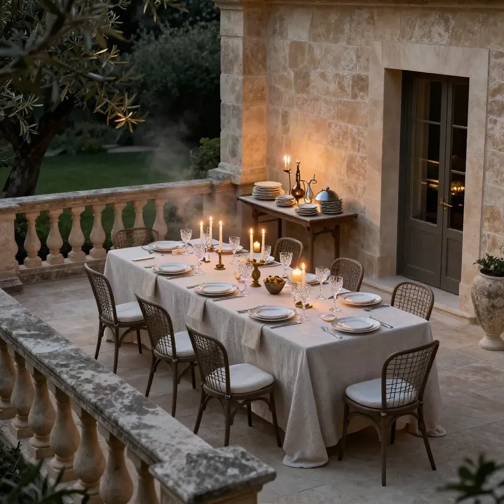 Terrazza di villa allestita per una cena elegante, candele accese e tavola lunga in pietra