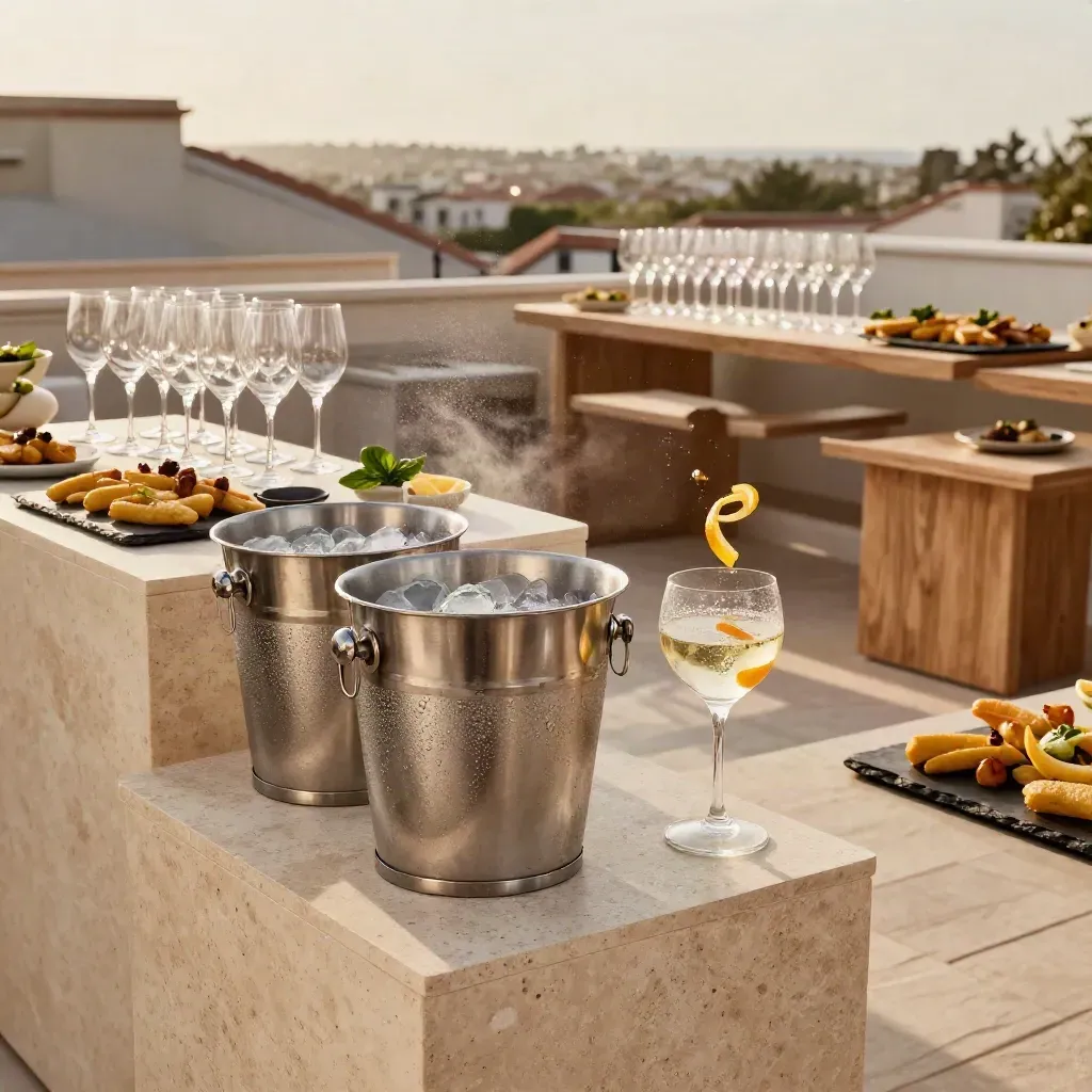 Terrazza per aperitivo con calici, finger food, ghiaccio e luce serale calda.