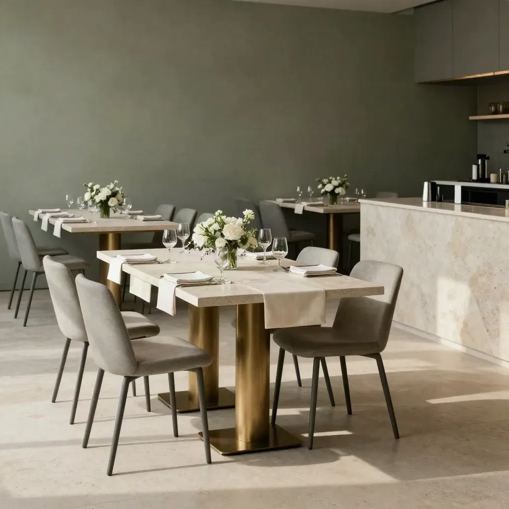 Sala moderna per pranzo aziendale con tavoli modulari, calici allineati e servizio pronto.