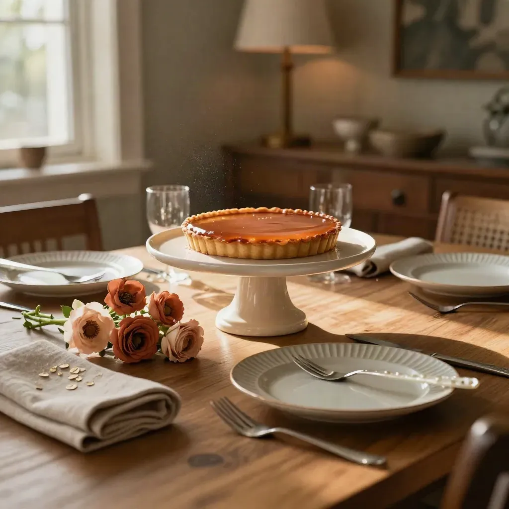 Tavolo per feste di famiglia con torta, fiori e piattini in una sala calda e luminosa.