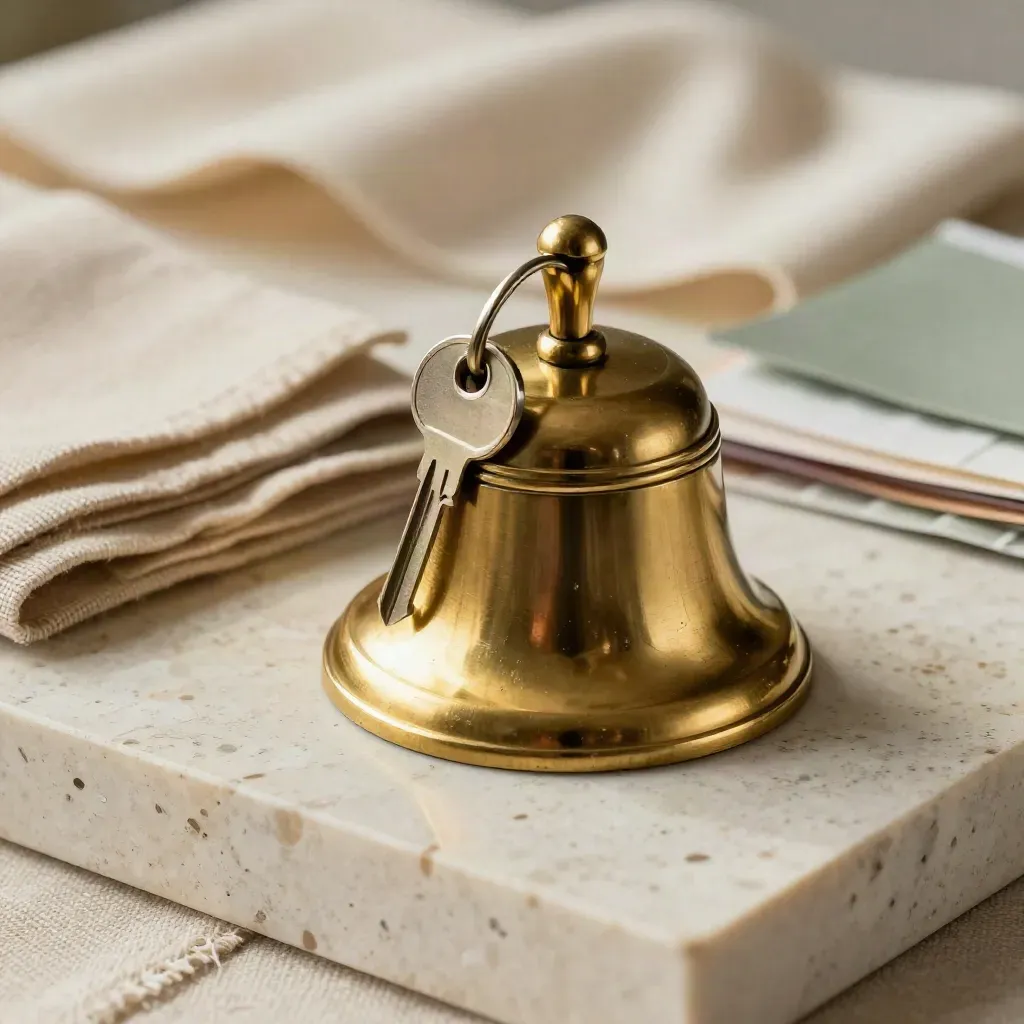 Campanello in ottone, chiave venue e campioni tessuto su pietra travertino