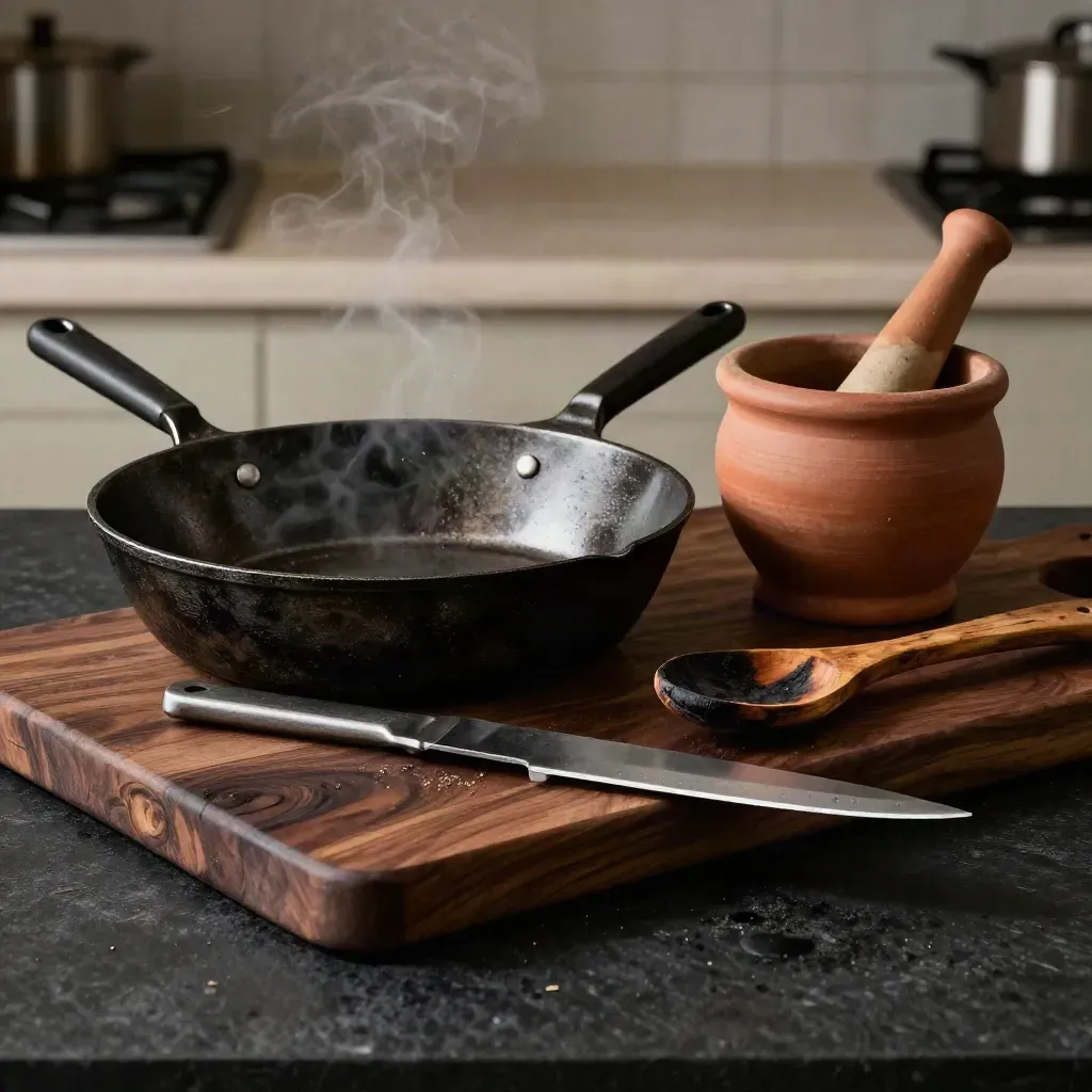 Skillet da chef, coltello e mortaio su legno scuro, con vapore e luce drammatica.