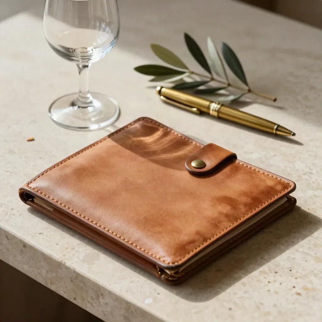 Folio in pelle, calice da assaggio, penna in ottone e ramo d’ulivo su pietra chiara.