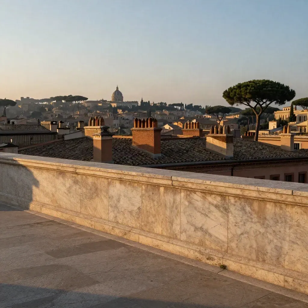 Roma al tramonto con cupole lontane, tetti in travertino e pini scuri nella foschia.
