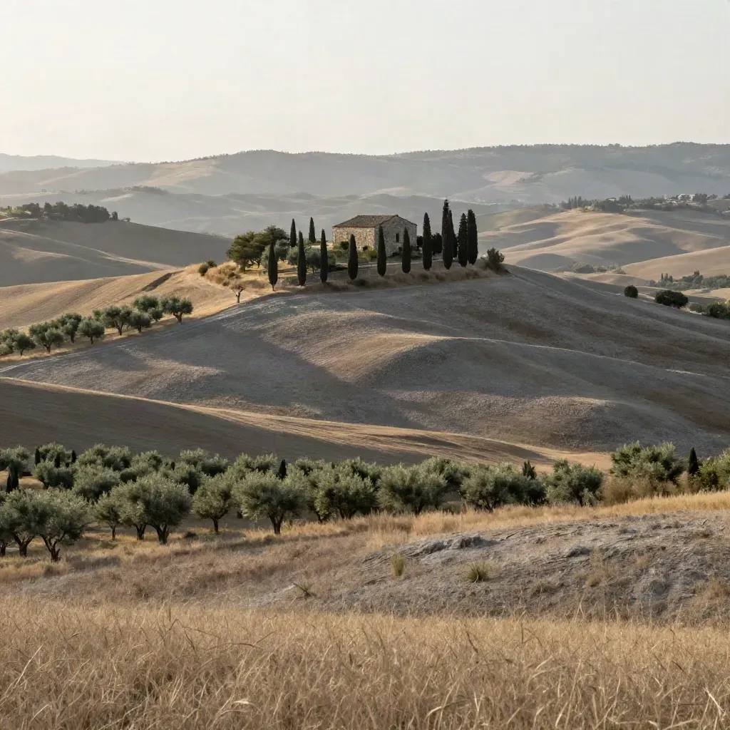 Colline toscane con cipressi e casale in pietra nell’aria calda del pomeriggio.