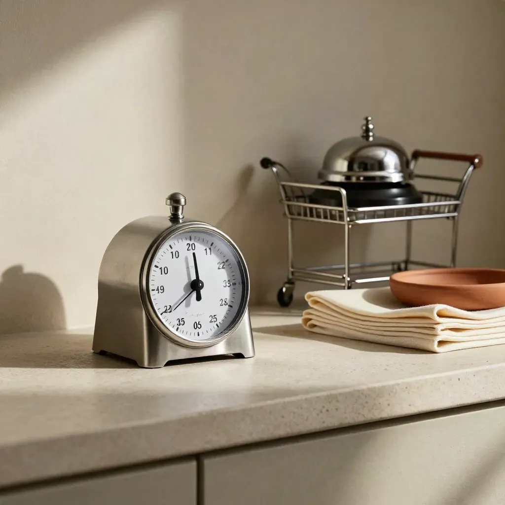 Timer da cucina, campanello di servizio, tovaglioli impilati e carrellino su mensola in pietra.
