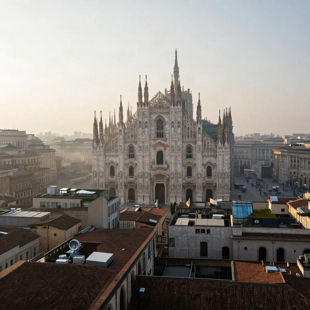 Duomo di Milano all’alba tra tetti moderni e foschia dorata.