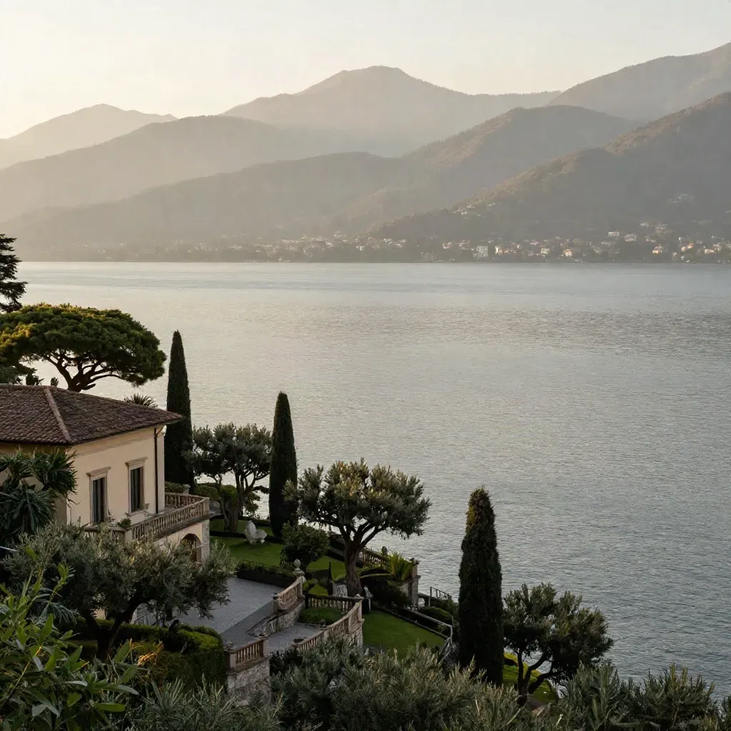 Veduta del Lago di Como al tramonto, ville sul pendio e montagne nella foschia.